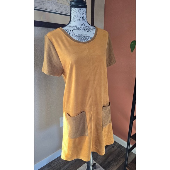 Grifflin Paris Faux Suede Shift Dress Tunic Short Sleeve Pocketed Size L - Picture 2 of 12